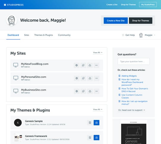 StudioPress Sites Dashboard